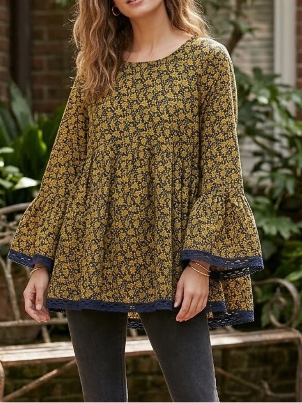 easel Mustard Floral Bell-Sleeve Top with Navy Trim